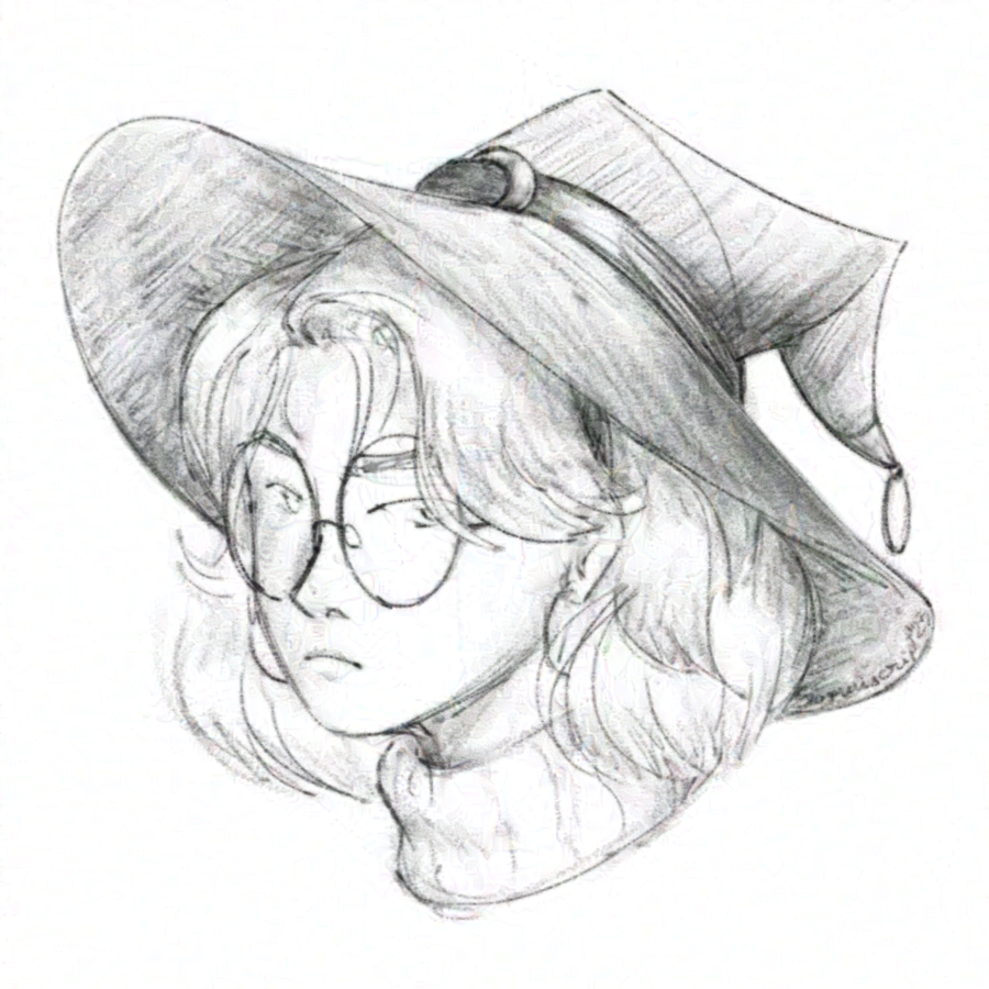 A headshot sketch of Cindy, 3/4, with a neutral expression, wearing a witch hat.